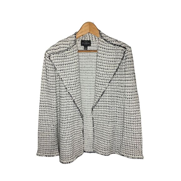 St. John Boutiques Ivory Black Boucle Knit Open-Front Jacket Size 14 - Picture 2 of 9